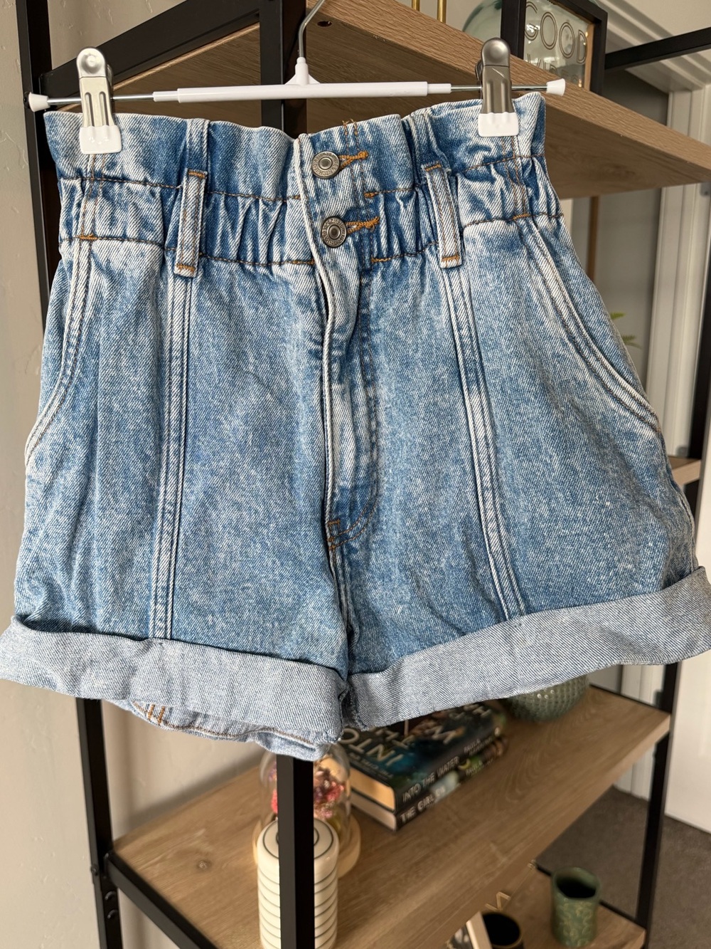 Abercrombie High-Rise Paperbag Denim Shorts - Light Blue
